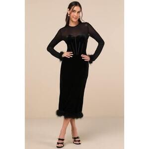 Lulus Sensational Situation Black Velvet Feather Bustier Midi Dress - Size S